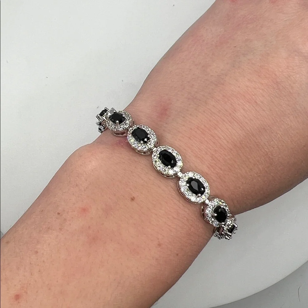 213. White Gold Plated Onyx Stone Bracelet with CZ 6 1/2”